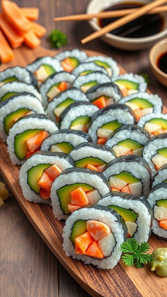 Classic California Roll Sushi Recipe Sliced California rolls on a wooden platter with pickled ginger and wasabi, garnished with colorful ingredients.